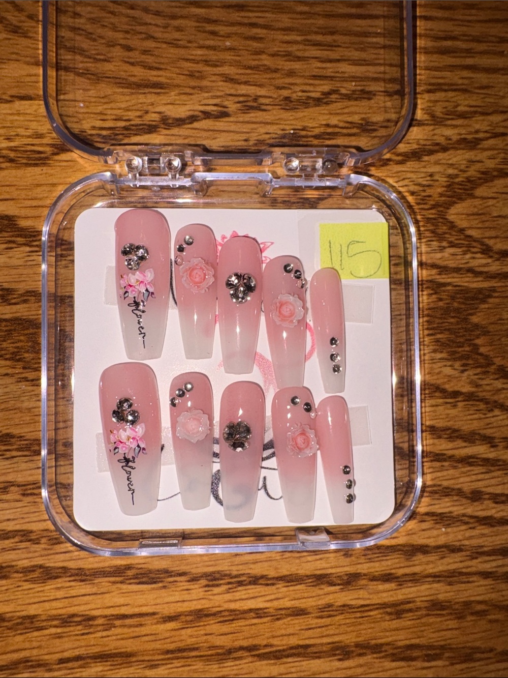 Pink Ombre Press-On Nails with Floral Rhinestone Accents